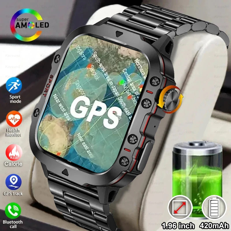 Relógio inteligente militar robusto com GPS, masculino, Bluetooth, chamada, monitoramento de saúde, IA, voz, esportes, smartwatches à prova d'água