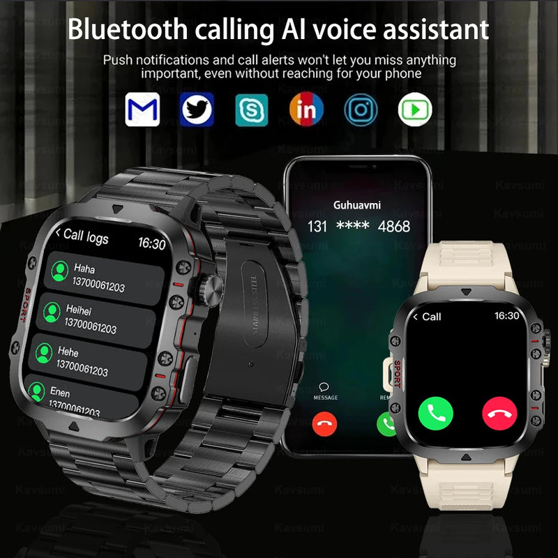 Relógio inteligente militar robusto com GPS, masculino, Bluetooth, chamada, monitoramento de saúde, IA, voz, esportes, smartwatches à prova d'água