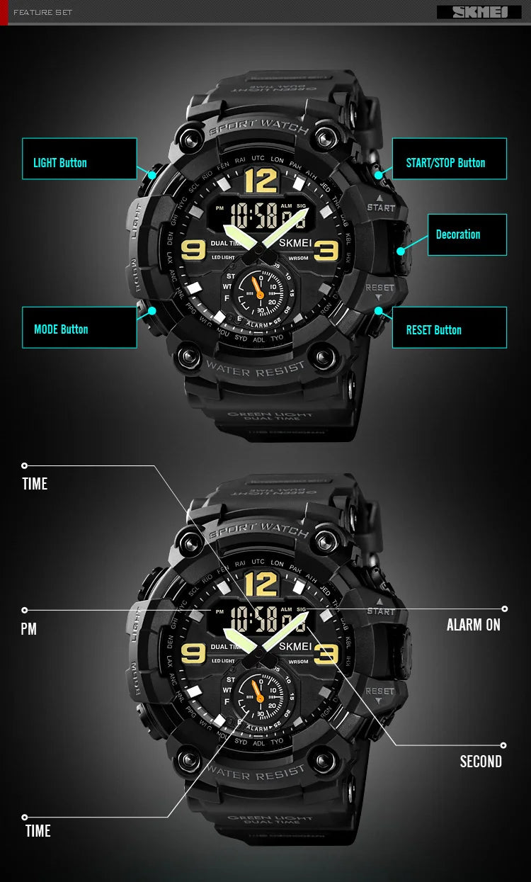 SKMEI Dual Movement 3 Time Sport Wristwatch Mens Waterproof Electronic Watches montre homme  Digital Men Watch1637