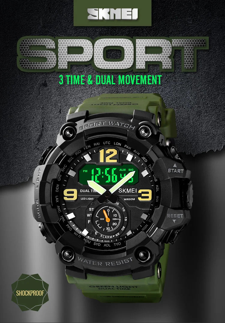 SKMEI Dual Movement 3 Time Sport Wristwatch Mens Waterproof Electronic Watches montre homme  Digital Men Watch1637